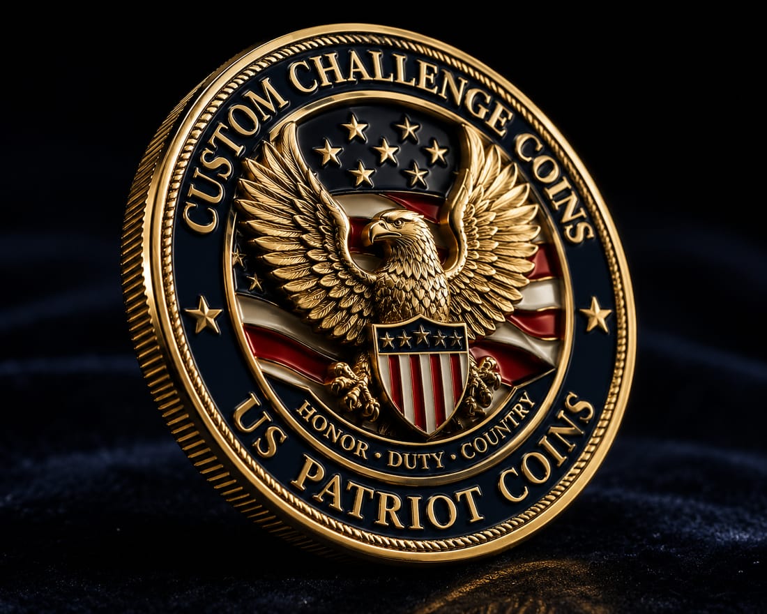 Custom military challenge coin at an angle showing 3D high-relief detailing and a milled custom edge